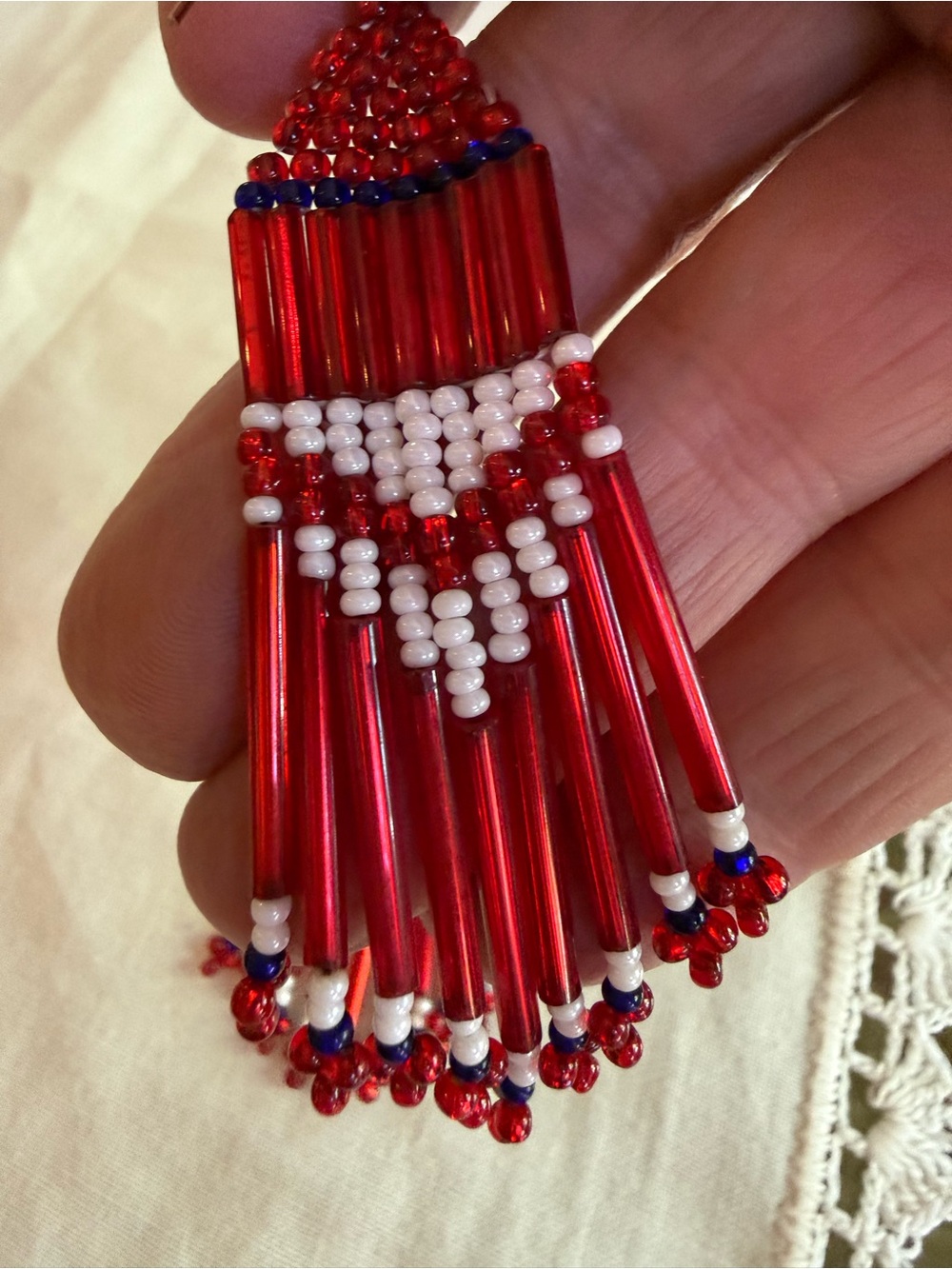 Patriotic Red White Blue Beaded Fringe Earrings - Women Jewelry - Picture 3 of 3